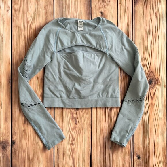 PINK VICTORIA'S SECRET Gray Blue Long Sleeve Crop Workout Top Sz Medium - Picture 1 of 8